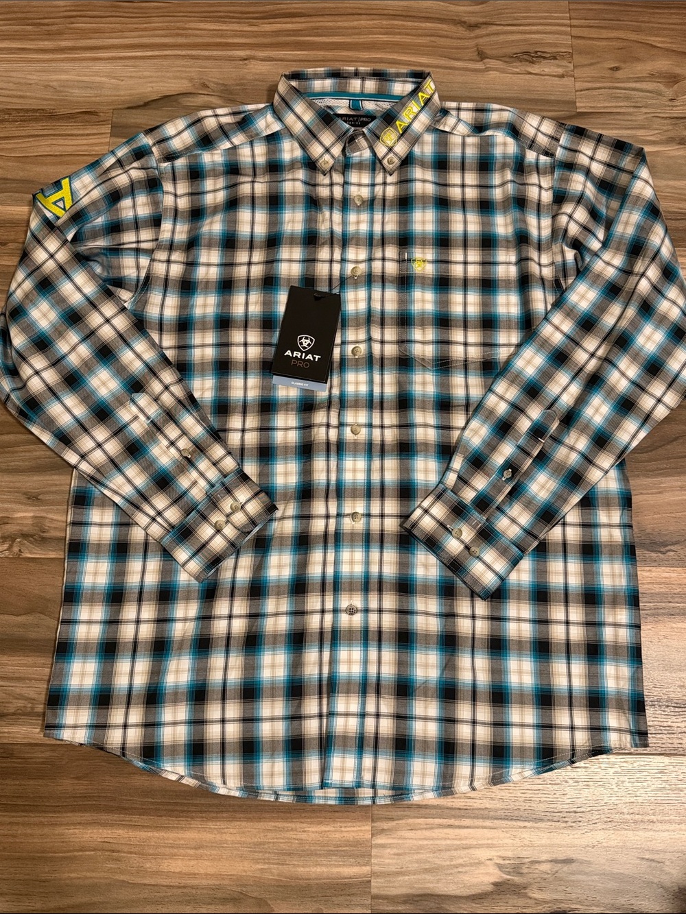 Ariat Pro Team Canon Classic Fit Button Embroidered L/S Shirt Teal Black NWT